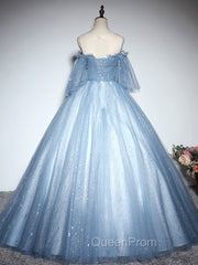 Blue Sweetheart Neck Tulle Lace Long Evening Prom Dresses, Blue Evening Dresses