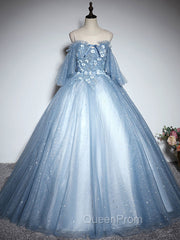 Blue Sweetheart Neck Tulle Lace Long Evening Prom Dresses, Blue Evening Dresses
