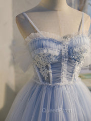 Blue sweetheart neck tulle lace short Evening Prom Dresses blue puffy homecoming Dresses
