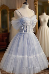 Blue sweetheart neck tulle lace short Evening Prom Dresses blue puffy homecoming Dresses