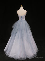 Blue Sweetheart Neck Tulle Long Prom Gown, Blue Long Formal Graduation Dress