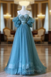 Blue Sweetheart Off Shoulder Long Party Dresses, Blue Tulle Evening Prom Dresses