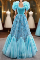 Blue Sweetheart Tulle Appliques Beading Pleats Evening Prom Dresses