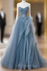 Blue Sweetheart Tulle Layers Long Formal Dresses, Blue Long Party Dresses Evening Prom Dresses