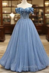 Blue Sweetheart Tulle Long Evening Dresses, Off the Shoulder Evening Graduation Dresses