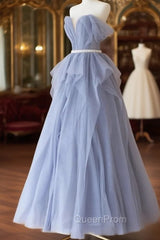 Blue Sweetheart Tulle Off-the-Shoulder Floor-Length Evening Prom Dresses, Blue Evening Gown