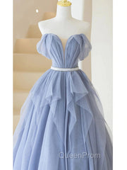 Blue Sweetheart Tulle Off-the-Shoulder Floor-Length Evening Prom Dresses, Blue Evening Gown