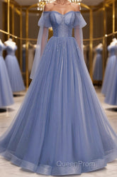 Blue sweetheart tulle sequin long Evening Prom Dresses blue formal Dresses