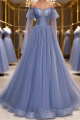 Blue sweetheart tulle sequin long Evening Prom Dresses blue formal Dresses