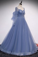 Blue sweetheart tulle sequin long Evening Prom Dresses blue formal Dresses
