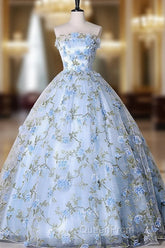 Blue Tulle 3 D Applique Long Evening Prom Dresses, Blue Formal Evening Dresses