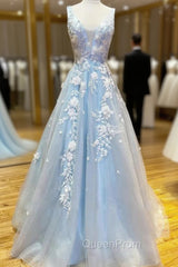 Blue Tulle 3D Appliques V-neck Evening Prom Dresses