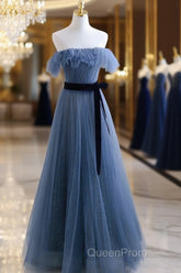 Blue Tulle A-Line Off Shoulder Long Party Dresses, Blue Scoop Evening Prom Dresses Evening Dresses