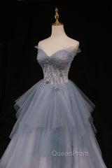 Blue Tulle A-Line Strapless Long Evening Prom Dresses, Blue Evening Party Dresses