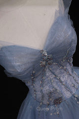 Blue Tulle A-Line Strapless Long Evening Prom Dresses, Blue Evening Party Dresses