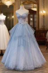Blue Tulle A-Line Strapless Long Evening Prom Dresses, Blue Evening Party Dresses