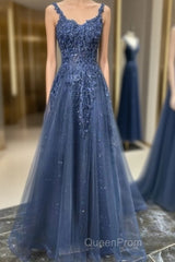 Blue Tulle Applique Long Evening Dresses Formal Evening Prom Dresses