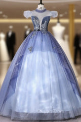 Blue Tulle Appliques See Through Back Quinceanera Dresses