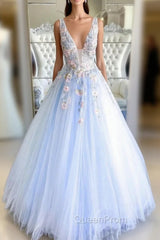 Blue Tulle Appliques V-neck Evening Prom Dresses