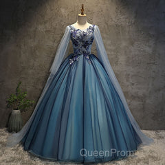 Blue Tulle Ball Gown Long Sweet 16 Dresses With Lace Applique, Evening Prom Dresses