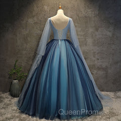 Blue Tulle Ball Gown Long Sweet 16 Dresses With Lace Applique, Evening Prom Dresses