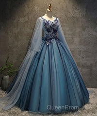 Blue Tulle Ball Gown Long Sweet 16 Dresses With Lace Applique, Evening Prom Dresses