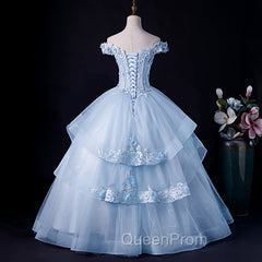 Blue Tulle Ball Gown Off Shoulder Layers Sweet 16 Dresses, Blue Evening Dresses with Lace