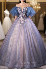 Blue Tulle Ball Gown Off the Shoulder Quinceanera Dresses