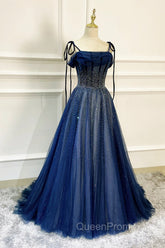 Blue Tulle Beaded Long A-Line Evening Prom Dresses, Blue Spaghetti Straps Evening Dresses