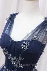 Blue Tulle Beaded Long Evening Prom Dresses, Blue A-Line Evening Party Dresses