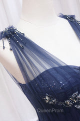 Blue Tulle Beaded Long Evening Prom Dresses, Blue A-Line Evening Party Dresses