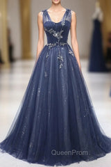 Blue Tulle Beaded Long Evening Prom Dresses, Blue A-Line Evening Party Dresses