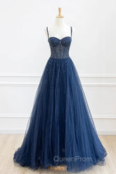 Blue Tulle Beaded Long Evening Prom Dresses Evening Dresses, Blue Evening Dresses