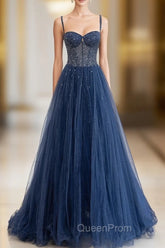 Blue Tulle Beaded Long Evening Prom Dresses Evening Dresses