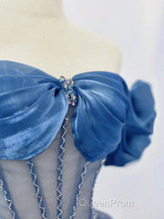 Blue Tulle Beaded Long Evening Prom Dresses, Off The Shoulder Evening Party Dresses