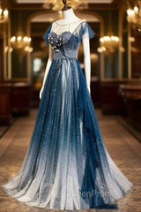 Blue Tulle Beading Long A-Line Evening Prom Dresses, Scoop Neckline Evening Dresses