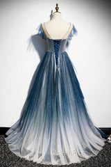 Blue Tulle Beading Long A-Line Evening Prom Dresses, Scoop Neckline Evening Dresses