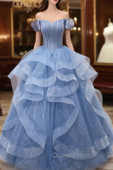 Blue Tulle Beading Off the Shoulder Evening Prom Dresses