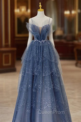 Blue Tulle Beads Long Ball Gown Dresses Blue Evening Dresses