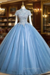 Blue Tulle Cap Sleeve Appliques Quinceanera Dresses
