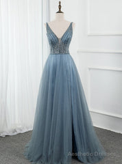 Blue Tulle Deep V-neck Backless Beading Sequins Prom Dress