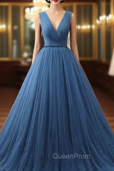 Blue Tulle Deep V-neck Pleats Beading Evening Prom Dresses