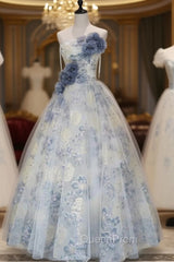 Blue Tulle Flower Strapless Pleats Evening Prom Dresses