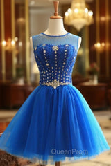Blue Tulle Knee Length Backless Beading Homecoming Dresses