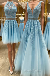 Blue tulle lace A line Evening Prom Dresses blue lace tulle formal Dresses