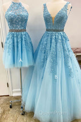 Blue tulle lace A line Evening Prom Dresses blue lace tulle formal Dresses