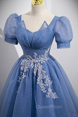 Blue Tulle Lace Floor Length Evening Prom Dresses, Blue Short Sleeve Evening Dresses