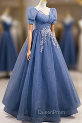 Blue Tulle Lace Floor Length Evening Prom Dresses, Blue Short Sleeve Evening Dresses