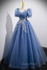 Blue Tulle Lace Floor Length Evening Prom Dresses, Blue Short Sleeve Evening Dresses