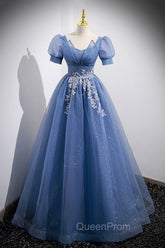 Blue Tulle Lace Floor Length Evening Prom Dresses, Blue Short Sleeve Evening Dresses
